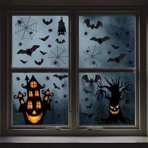 Halloween window stickers set featuring ghost castle, bats and spiders for party decor