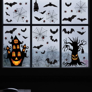 Halloween window clings featuring black bats, spooky castle and spider silhouettes