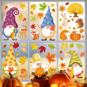 Stickers de fenêtre d'automne avec gnomes citrouilles et feuilles pour déco maison