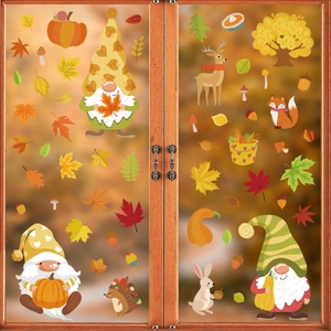 Stickers de fenêtre gnomes d'automne et feuilles d'érable pour décor de Thanksgiving