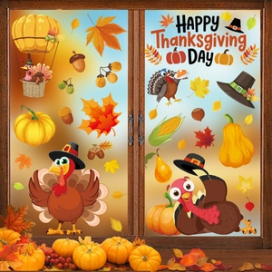 Thanksgiving window clings set featuring cartoon turkey and autumn maple leaves decor