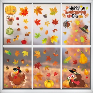 Thanksgiving window clings featuring turkeys and maple leaves for autumn holiday decor