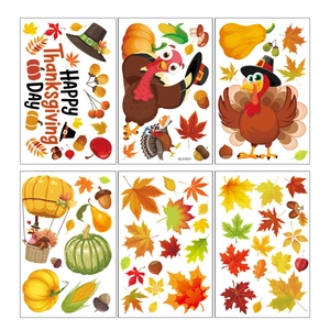 6-sheet Thanksgiving static window clings featuring festive turkeys, pumpkins, and autumn leaves