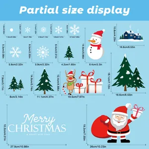 Size guide for Christmas window stickers featuring Santa Claus and snowflake measurements