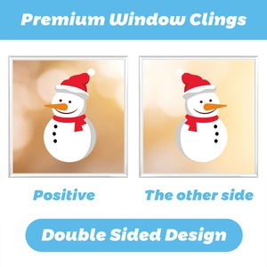 Detailed view of the double-sided Christmas snowman window cling with festive red hat