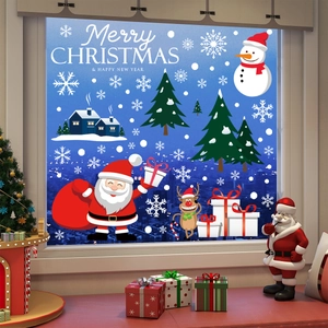 Christmas window stickers set with Santa Claus snowman and reindeer decorations