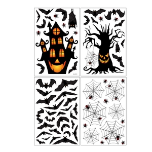 Halloween window stickers set featuring black haunted castle, bats and scary trees