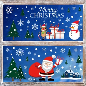 Detail of Christmas window stickers featuring Santa Claus and snowman on blue background