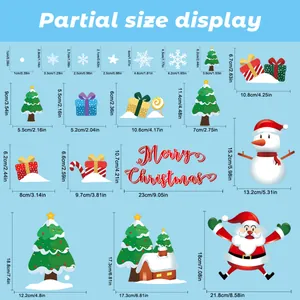 Detailed size chart for Christmas window stickers including Santa Claus and Snowman decals