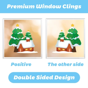 Premium double-sided Christmas window clings featuring snowy cabin and festive trees