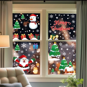 Christmas window decals set featuring Santa Claus Snowman and Merry Christmas art stickers