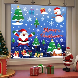 Christmas window decals set featuring Santa, snowman, and snowflakes for holiday party decor