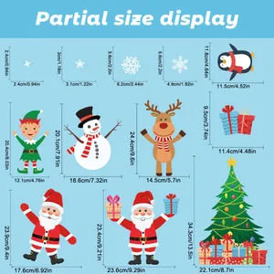Detailed size chart showing dimensions of snowman and santa claus christmas wall stickers