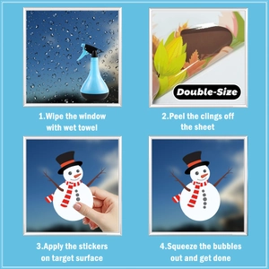 Double-sided Christmas window clings installation guide with snowman and water sprayer tool