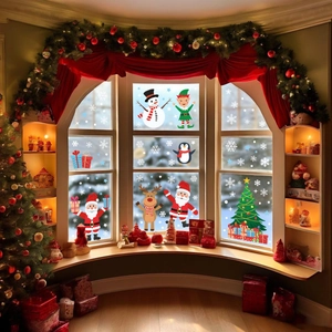 Christmas window stickers set featuring Santa, snowman, and reindeer on a glass surface