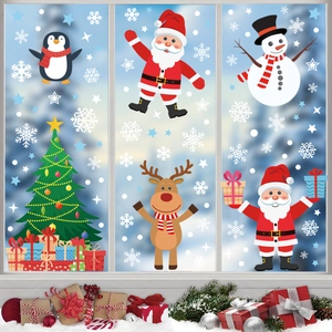 Christmas window stickers set featuring Santa, snowman and reindeer on glass background