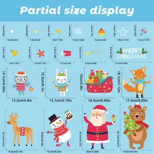 Detailed size guide for cartoon Christmas wall stickers including Santa and snowman elements