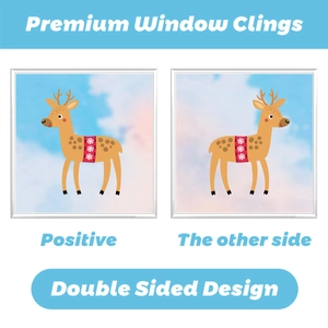 Double-sided Christmas reindeer window clings showing both front and back festive designs