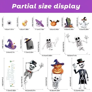 Size chart for 14 Halloween static window stickers including skeletons and ghosts