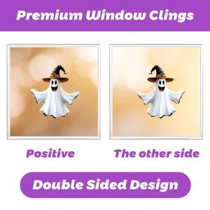 Detailed view of double-sided Halloween ghost window clings with wizard hat design
