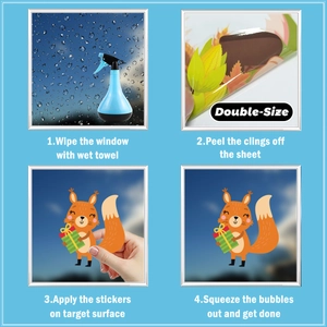 Instructional steps for applying double-sided cartoon squirrel window stickers on glass