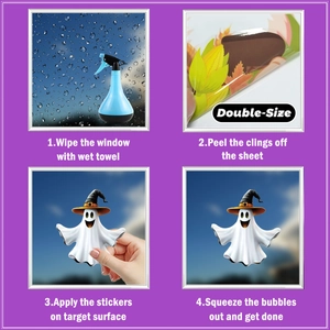 Detail guide showing 4-step installation of double-sided Halloween window stickers