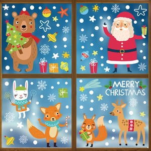 Christmas window decals with Santa Claus, cartoon animals, and snowflakes for glass decoration