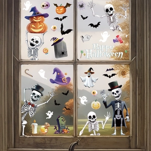 Halloween window static stickers set featuring cartoon skulls and pumpkins on glass