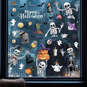 Halloween static window clings featuring cartoon ghosts pumpkins and bats on glass city view