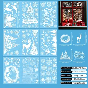 White snowflake and reindeer static Christmas window stickers set in 9 sheets pack