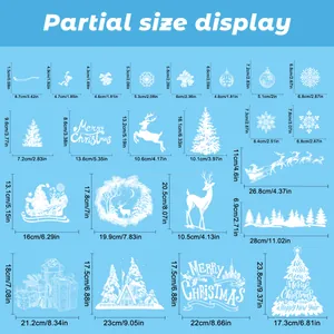 Size chart showing white Christmas window stickers with snowflakes and reindeer measurements