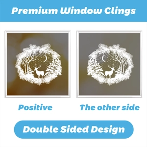 Double-sided white Christmas window clings showing elk and forest scene on glass