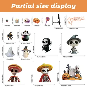 Detailed size chart for 16 Halloween static window clings featuring skulls and ghosts