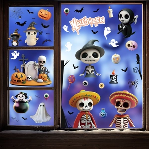 Halloween window clings set featuring cartoon skulls pumpkins and ghosts for party decor