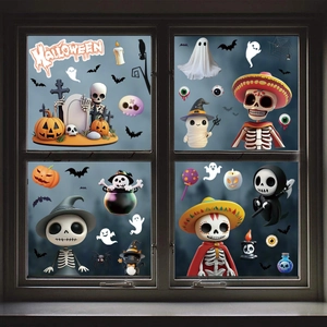Close-up of Halloween window decals featuring pumpkins and skeletons on a rustic window