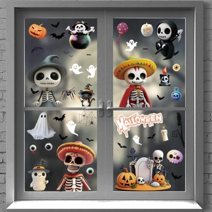 Halloween window clings set featuring cartoon skulls, pumpkins and ghosts on glass door