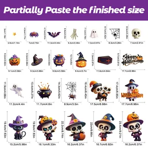 Size chart showing 23 Halloween static window decals with metric and imperial measurements