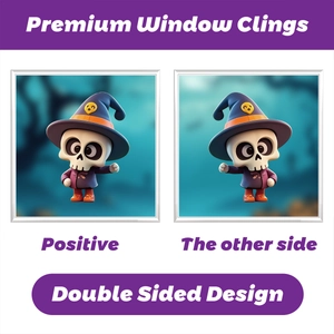 Close-up of double sided Halloween window cling featuring skeleton with wizard hat