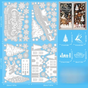 Detailed specs for white Christmas static window clings with double-sided snowflake prints