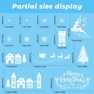 Size guide for white Christmas window stickers showing snowflake and reindeer dimensions