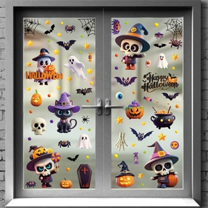 Halloween static window stickers set featuring cartoon skulls and pumpkins for party decor