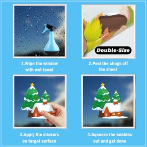 Detailed four-step installation guide for double-sided Christmas window clings with snow decor