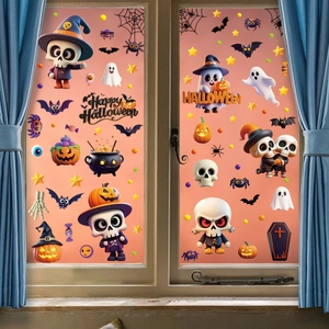 Vibrant Halloween window decals with cartoon skeletons, ghosts, and pumpkins set for party decor