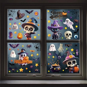 Halloween static window clings featuring cartoon skull pumpkin and cat party decor
