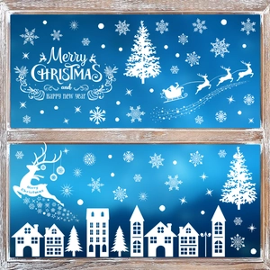 Detailed Christmas window decals showing white snowflakes, reindeer, and Merry Christmas text