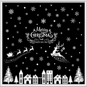 Detailed view of white Christmas window decals with snowflakes, reindeer and village