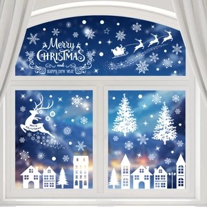 White Christmas window decals with Merry Christmas text, snowflakes and reindeer patterns