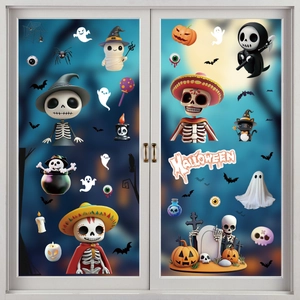 Halloween Fensterbilder Statische Adsorption PVC Aufkleber Doppelseitig Kürbis Skelett Geist Für Party Glas Dekoration