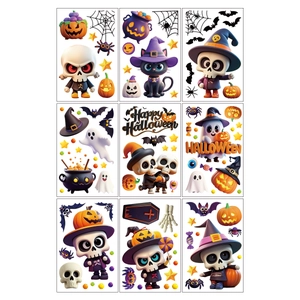 9-sheet Halloween static window stickers with skull, pumpkin, and bat designs