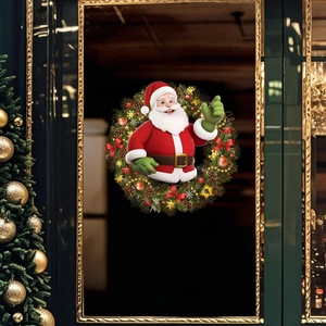 Adesivo natalizio statico con Babbo Natale e ghirlanda su porta in vetro decorativa